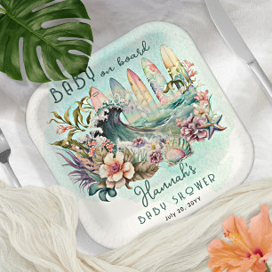Assiettes En Carton Baby on Board Tropical Surfing Floral Baby Shower