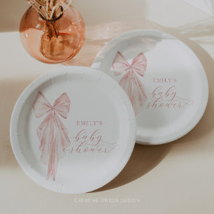 Assiettes En Carton Baby shower à boue rose - Ruban d'aquarelle minima