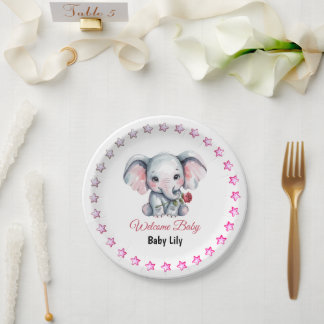 Assiettes En Carton Baby Shower à l'éléphant rose aquarelle