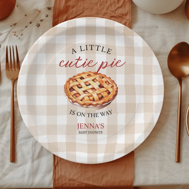 Assiettes En Carton Baby shower à tarte Little Cutie En vichy automne (A little cutie pie is on the way baby shower fall themed gingham personalized paper plate)