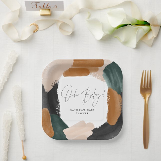 Assiettes En Carton Baby shower abstrait en terre cuite verte (Mariage)