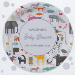 Assiettes En Carton Baby shower animal personnalisé amusant<br><div class="desc">On y trouve toutes sortes de jungle,  safari,  zoo,  animaux domestiques,  oiseaux et faune. Un monstre et un dinosaure auraient pu s'y faufiler aussi. Parfait pour une fête baby shower amusante pour les amoureux des animaux. Modifiez le texte pour personnaliser. Art original de Nic Squirrell.</div>