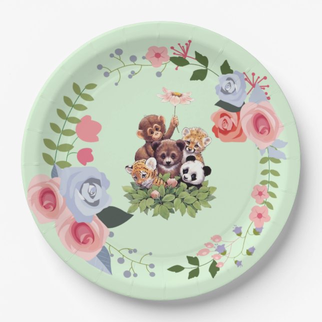 Assiettes En Carton Baby shower animalier de la Jungle mignonne (Devant)