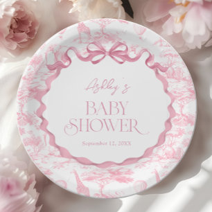 Assiettes En Carton Baby shower animalier rose Toile de Jouy