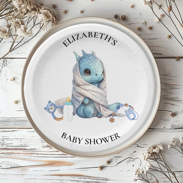 Assiettes En Carton Baby shower aquarelle Dragon bleu  (Créateur téléchargé)
