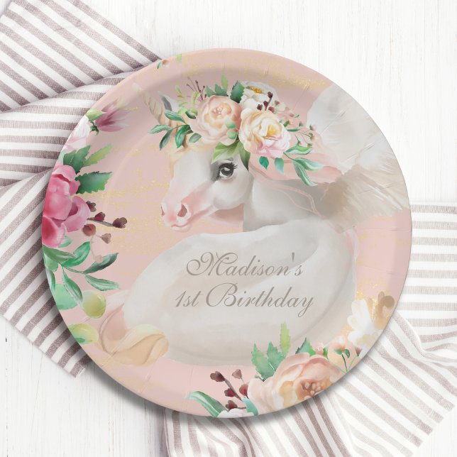 Assiettes En Carton Baby shower aquarelle florale licorne personnalisé (Créateur téléchargé)