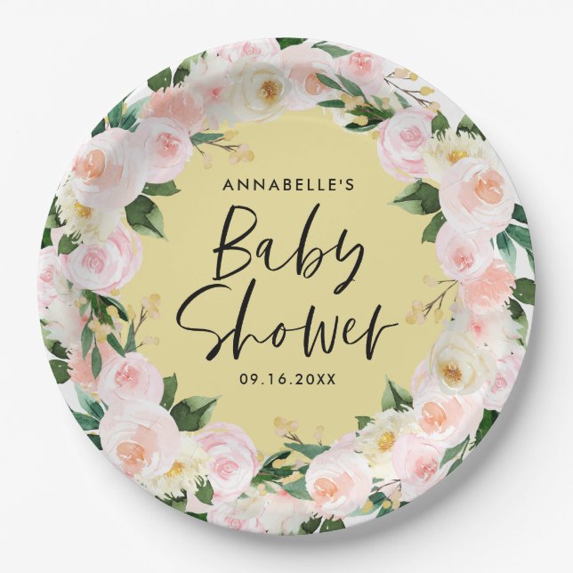 Assiettes En Carton Baby shower aquarelle jaune girly script floral (Devant)