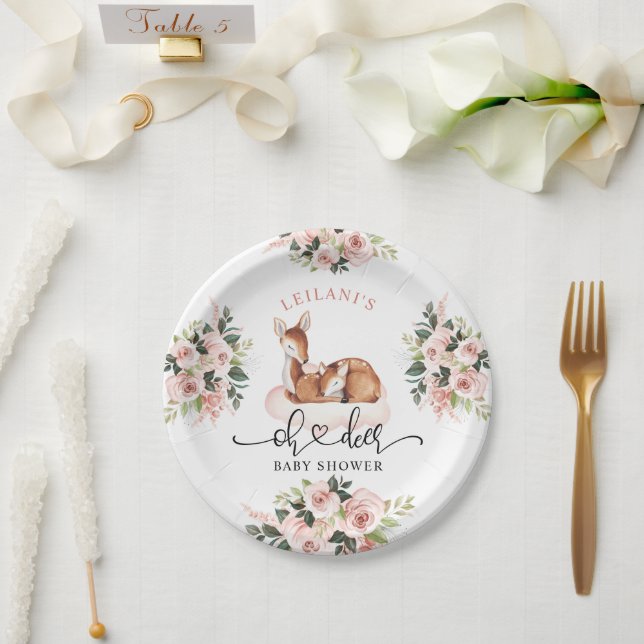 Assiettes En Carton Baby shower aquarelle Oh cerf rose floral (Mariage)