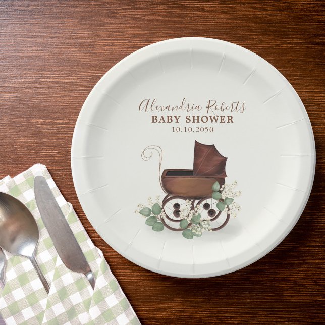 Assiettes En Carton Baby shower Aquarelle Rustique Eucalyptus Floral (Baby shower custom paper plate. )