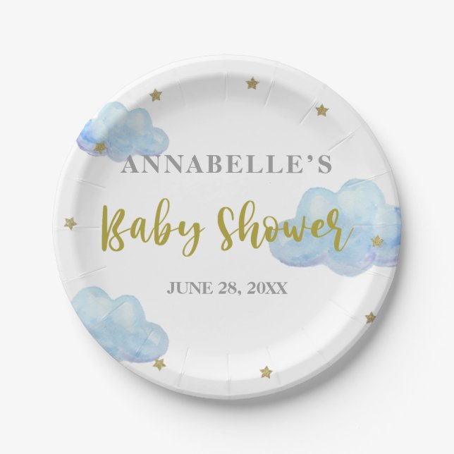 Assiettes En Carton Baby shower Aquarelle Twinkle Star Blue Clouds (Devant)