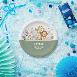 Assiettes En Carton Baby shower Aquarelle verte et blanche