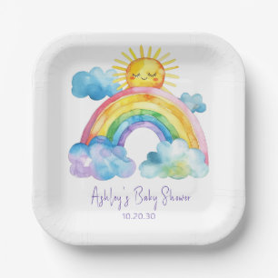 Assiettes En Carton Baby Shower Arc-en-Ciel à l'Aquarelle