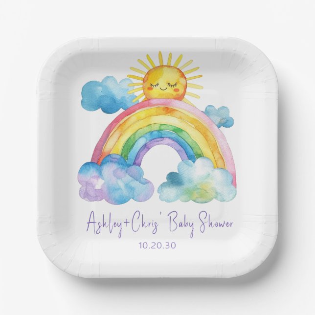 Assiettes En Carton Baby shower arc-en-ciel aquarelle (Recto)