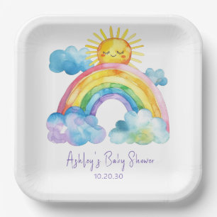 Assiettes En Carton Baby shower arc-en-ciel aquarelle