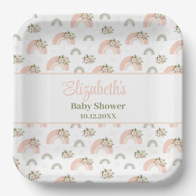 Assiettes En Carton Baby shower arc-en-ciel rose (Recto)