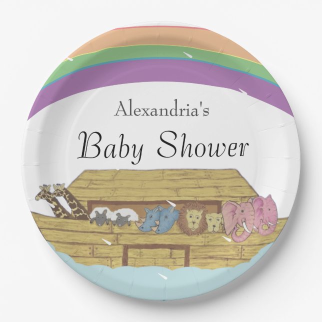 Assiettes En Carton Baby shower Arche de Retro Rainbow Noah (Devant)