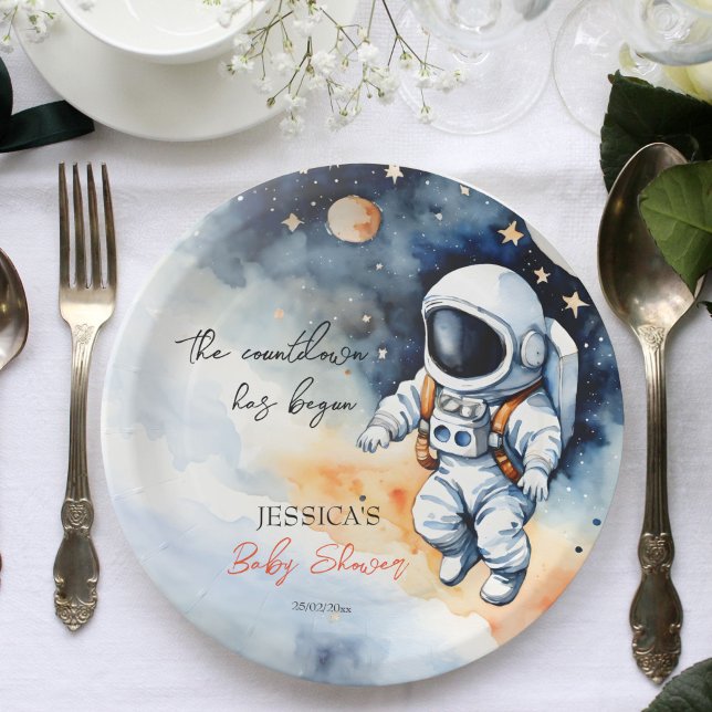Assiettes En Carton Baby shower astronaute spatial modèle (Outer space astronaut baby shower template paper plates personalized baby shower tableware)