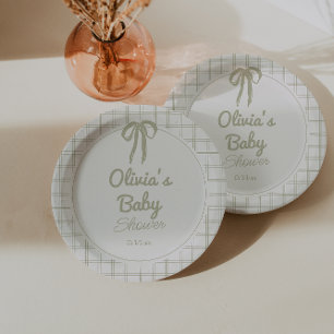 Assiettes En Carton Baby Shower au motif Gingham Vert à l'ancienne ave
