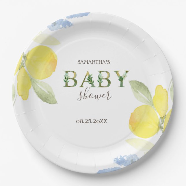 Assiettes En Carton Baby shower aux citrons aquarelles (Devant)