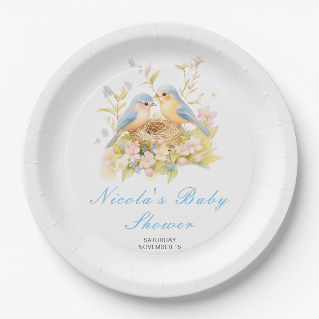 Assiettes En Carton Baby shower aux oiseaux de printemps (Devant)