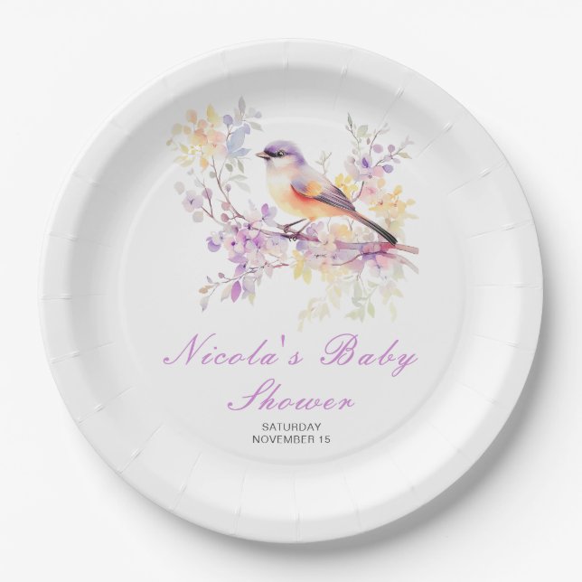 Assiettes En Carton Baby shower aux oiseaux mignons de printemps (Devant)