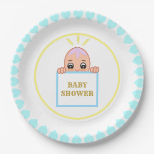 Assiettes En Carton Baby Shower avec des coeurs turquoise mignons