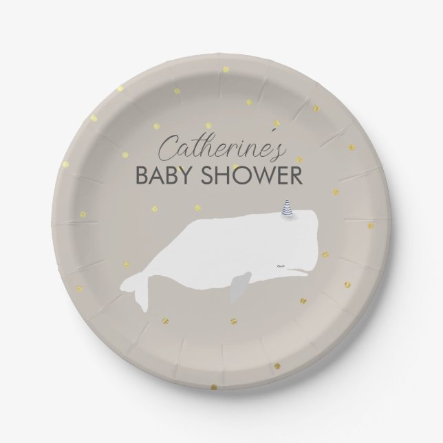 Assiettes En Carton Baby shower baleine blanche beige neutre (Devant)