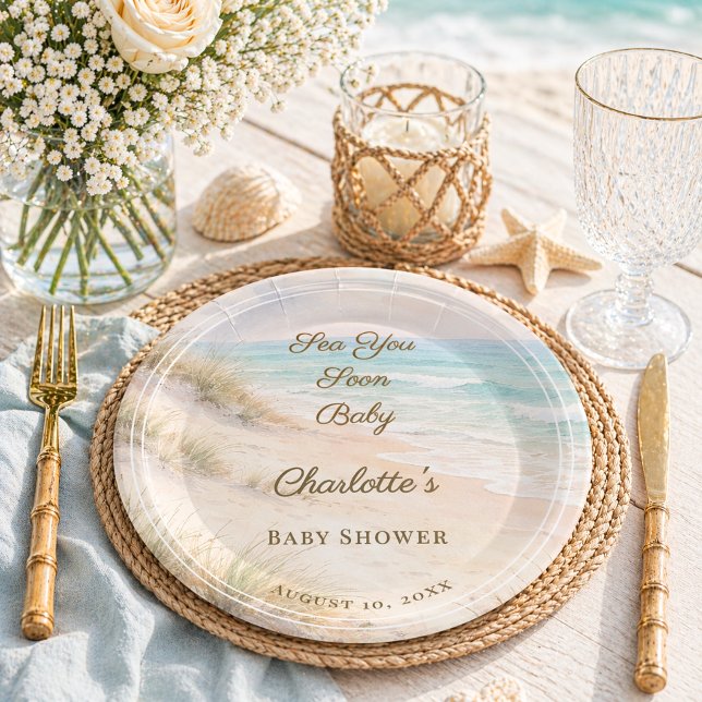 Assiettes En Carton Baby Shower beach coastal  Sea You Soon (Créateur téléchargé)