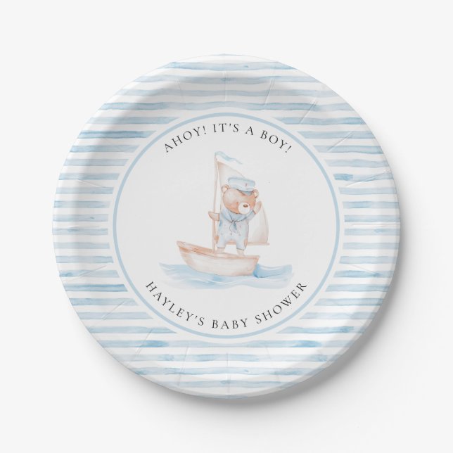 Assiettes En Carton Baby shower Bear Bleu Stripe (Devant)