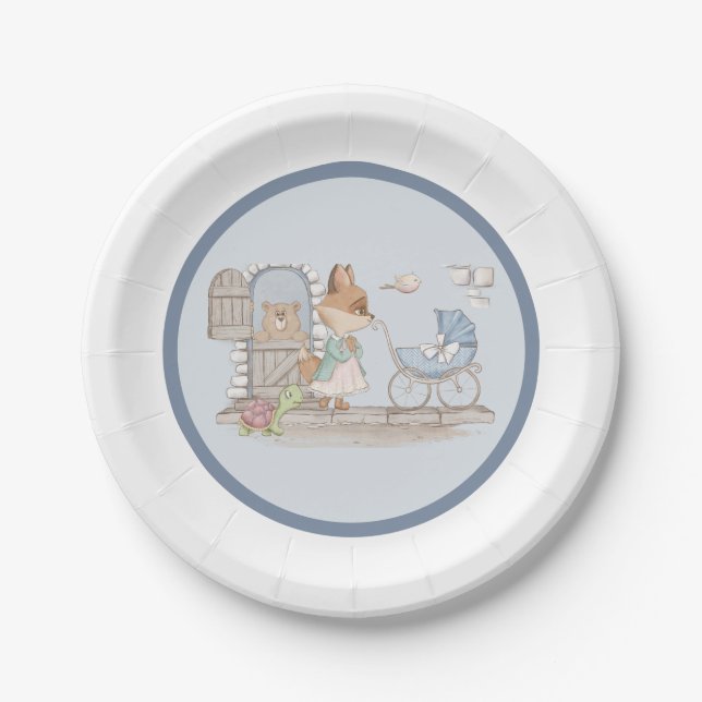 Assiettes En Carton Baby shower Bébé Bleu Cute Buggy (Devant)