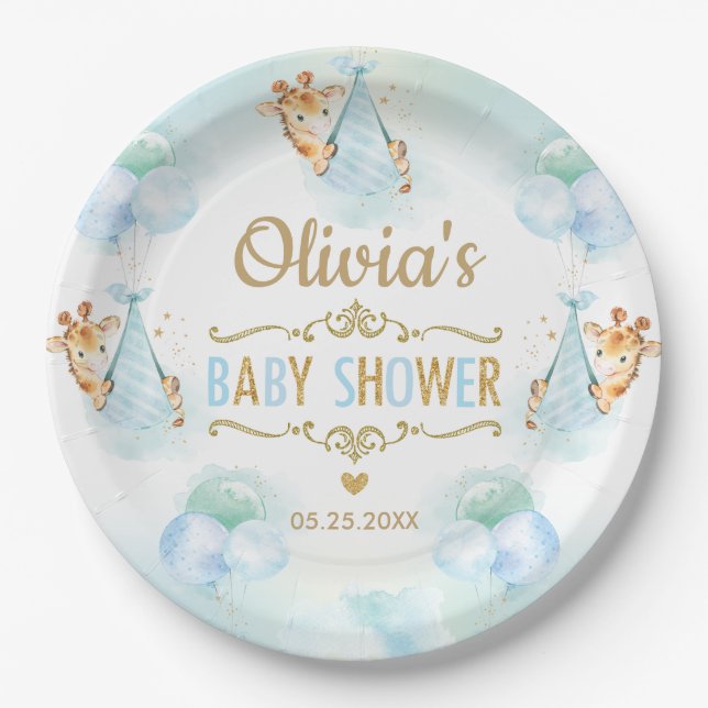 Assiettes En Carton Baby shower Bébé garçon mignonne Giraffe Ballons (Devant)