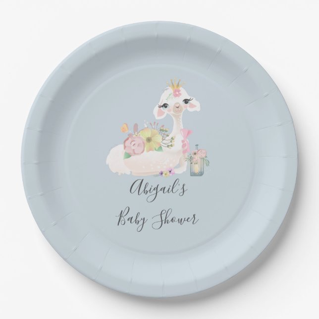 Assiettes En Carton Baby shower bébé Llama bleu et blanc (Devant)