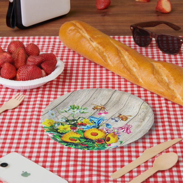 Assiettes En Carton Baby shower Bees Twins Rustique Floral Pacifier (Pique-nique)