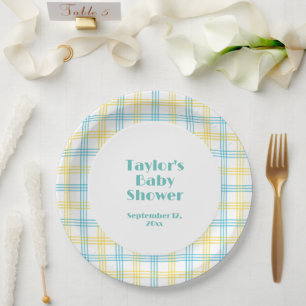 Assiettes En Carton Baby shower blanc bleu jaune rayures