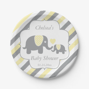 Assiettes En Carton Baby shower blanc, jaune et gris d'éléphants de