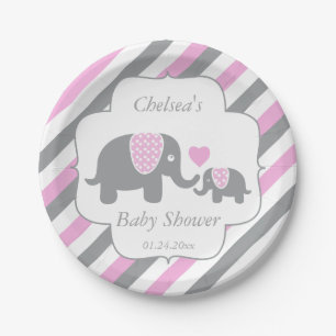 Assiettes En Carton Baby shower blanc, rose et gris d'éléphants de