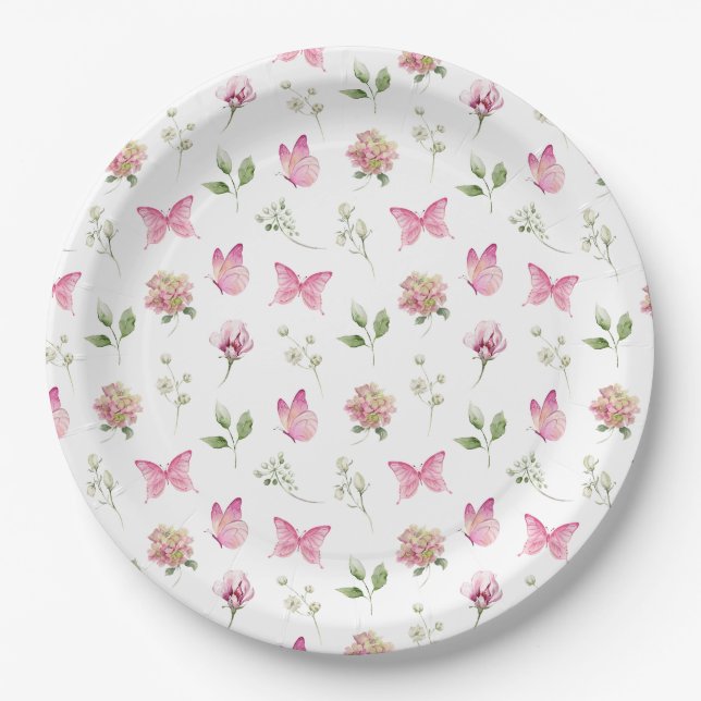 Assiettes En Carton Baby shower blanc rose papillon (Devant)