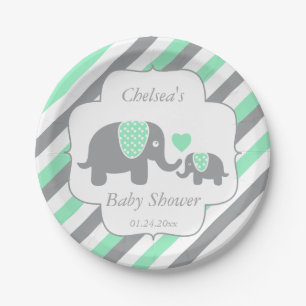 Assiettes En Carton Baby shower blanc, vert et gris d'éléphants de