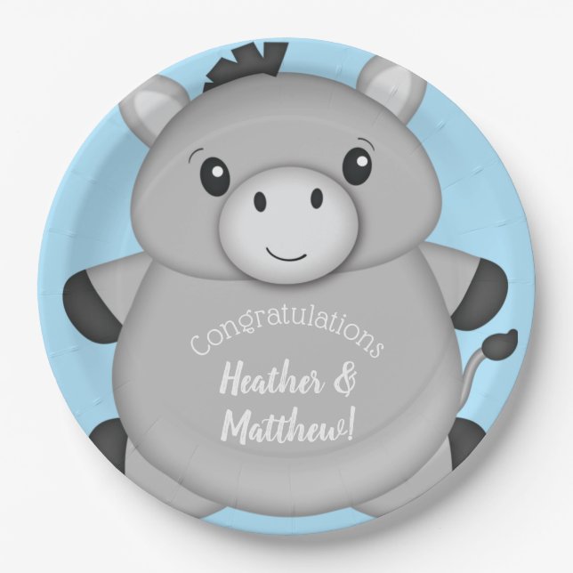 Assiettes En Carton Baby shower bleu âne (Devant)
