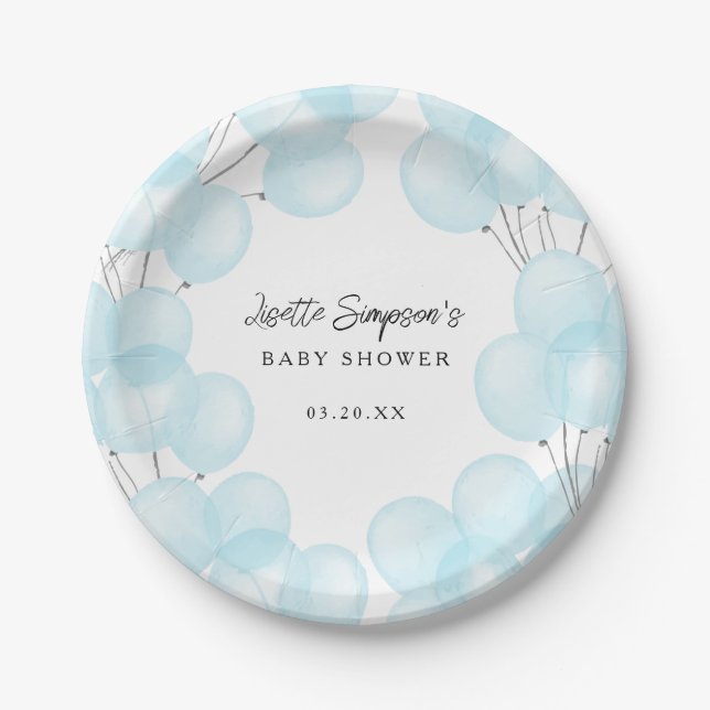 Assiettes En Carton Baby shower Bleu Aquarelle Cute (Devant)