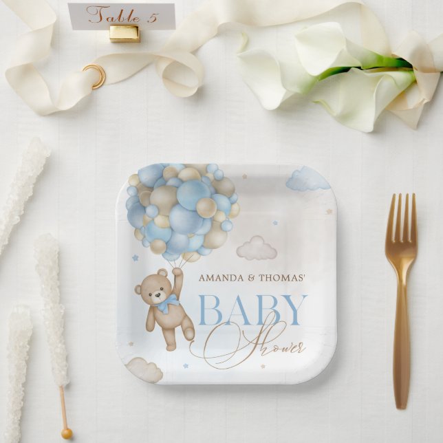 Assiettes En Carton Baby shower Bleu Bear Balloons (Mariage)