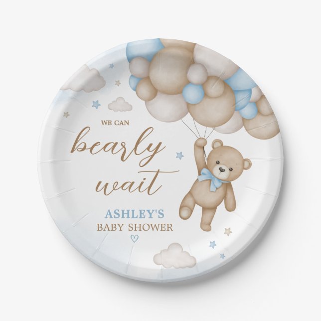 Assiettes En Carton Baby shower Bleu Bear Balloons (Devant)