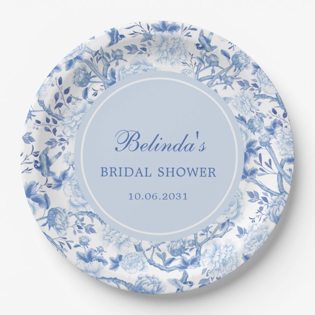 Assiettes En Carton Baby Shower Bleu Blanc de Style Chinoiserie Floral (Devant)