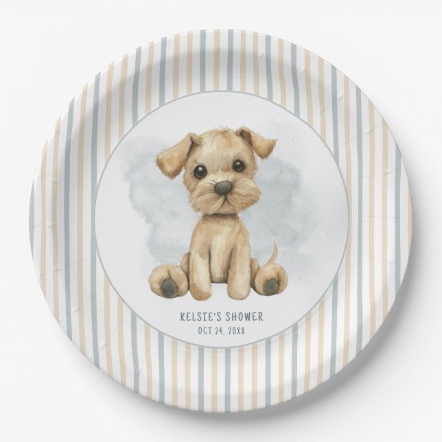 Assiettes En Carton Baby shower bleu Chiot Bleu Cute Oh Boy (Devant)