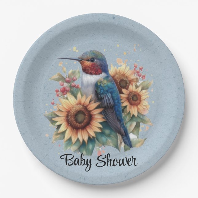 Assiettes En Carton Baby shower bleu colibri et tournesol (Devant)
