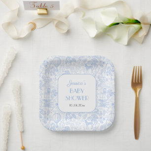 Assiettes En Carton Baby shower bleu Cute Safari Toile de Jouy