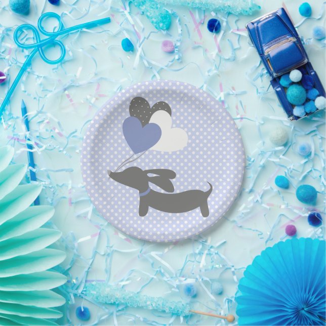 Assiettes En Carton Baby shower bleu Dachshund Plaques de papier Pois (Fête)