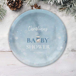 Assiettes En Carton Baby shower Bleu de l'ours d'hiver