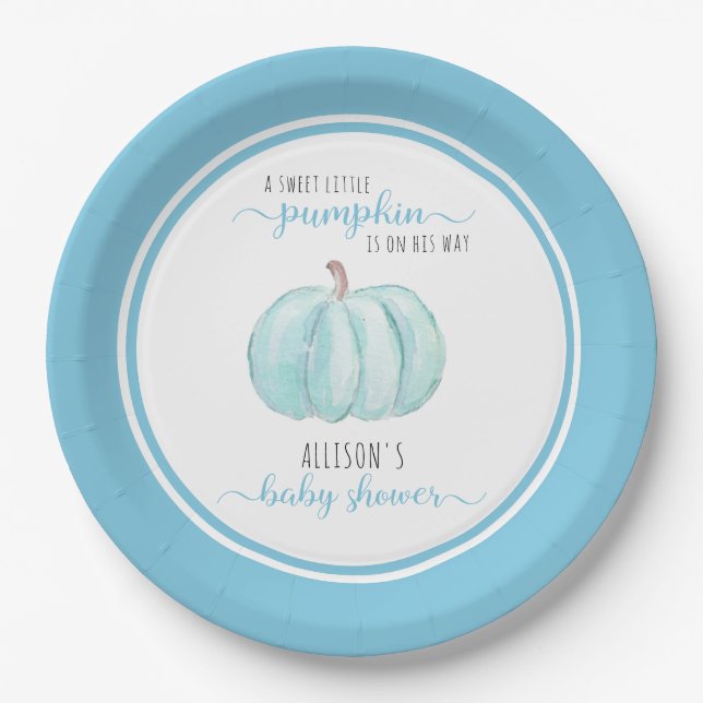 Assiettes En Carton Baby shower bleu doux Petit Citrouille Aquarelle (Devant)