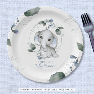 Assiettes En Carton Baby shower Bleu Eléphant Aquarelle Verdure